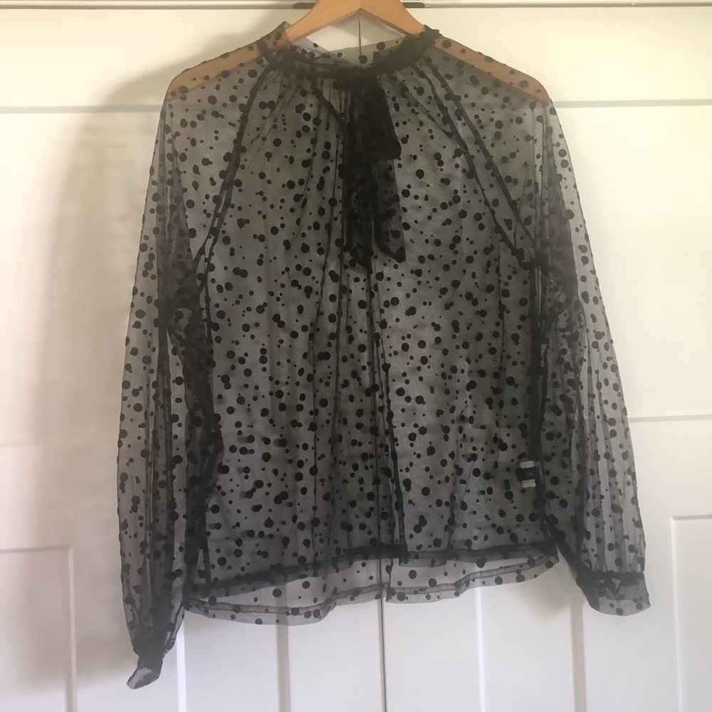 Sheer Black Polka Dot Women’s Top Blouse 1X Shein Curve Long Sleeve Stretch